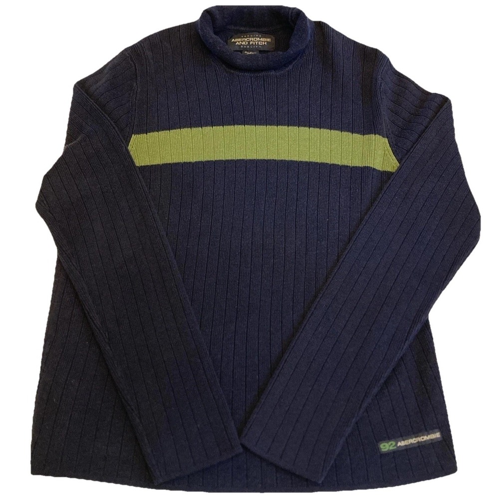 Abercrombie Fitch VINTAGE Sweater Men's Medium Turtleneck A92 Blue Green Stripe